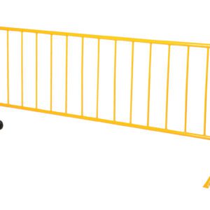 The Vestil Yellow Barrier W/1 Wheel, 1 Curved features vertical bars and support legs for mobility and stability.