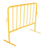 The Vestil Yellow Barrier 48 W/Flat Feet is a vibrant yellow metal barricade with vertical bars and two flat feet for stability. It includes a hook latch on the side, making it perfect for crowd control or designating restricted areas with its simple and functional design.