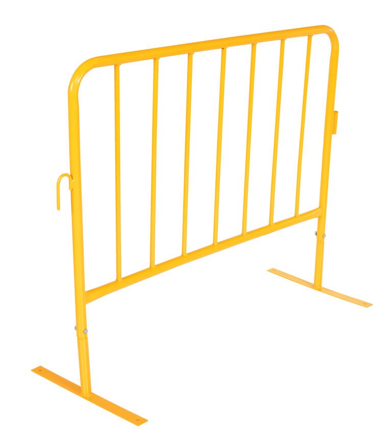 PRAIL-48-Y-FF_A.jpg The Vestil Yellow Barrier 48 W/Flat Feet is a vibrant yellow metal barricade with vertical bars and two flat feet for stability. It includes a hook latch on the side, making it perfect for crowd control or designating restricted areas with its simple and functional design.
