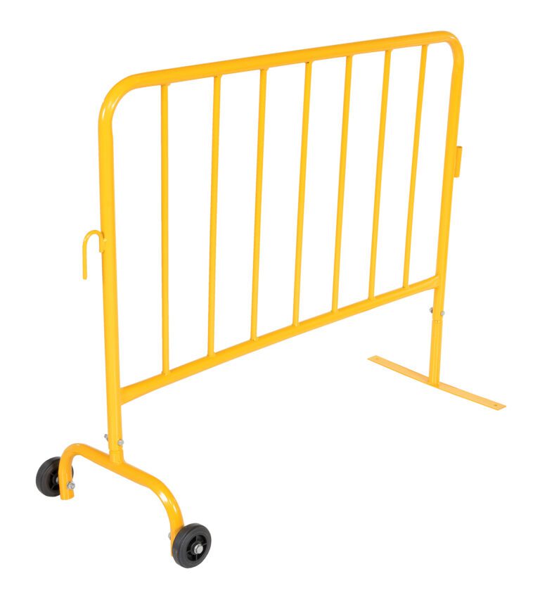 The Vestil Yellow Barrier 48 W/Feet, featuring a flat and a wheeled support leg, offers easy mobility. Its vertical bars and hook latch provide secure connections with other barriers, making it ideal for crowd control.