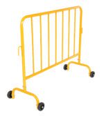 The Vestil Yellow Barrier 48 (W/Wheeled Feet) features a metal frame with vertical bars, a connecting hook for multiple units, and a slight right angle for stability on flat surfaces. Its perfect for effective crowd control.