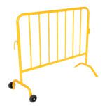 The Vestil Yellow Barrier 48 W/Feet combines practicality and durability with its curved design, vertical bars, two wheels on one side for mobility, and a stabilizing foot for secure crowd control placement.