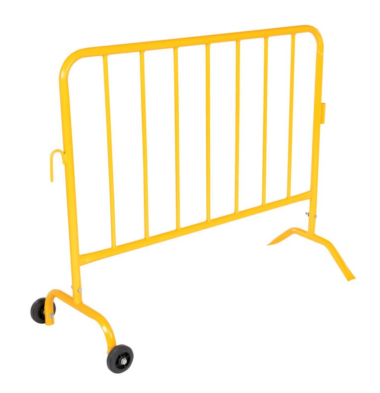 PRAIL-48-Y-W_A.jpg The Vestil Yellow Barrier 48 W/Feet combines practicality and durability with its curved design, vertical bars, two wheels on one side for mobility, and a stabilizing foot for secure crowd control placement.