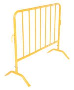 The Vestil Yellow Barrier 48 W/Curved Feet features a stable design with vertical bars and wide, angled supports. Perfect for crowd control at public events or construction sites, it offers a blend of utility and durability in a simple structure.