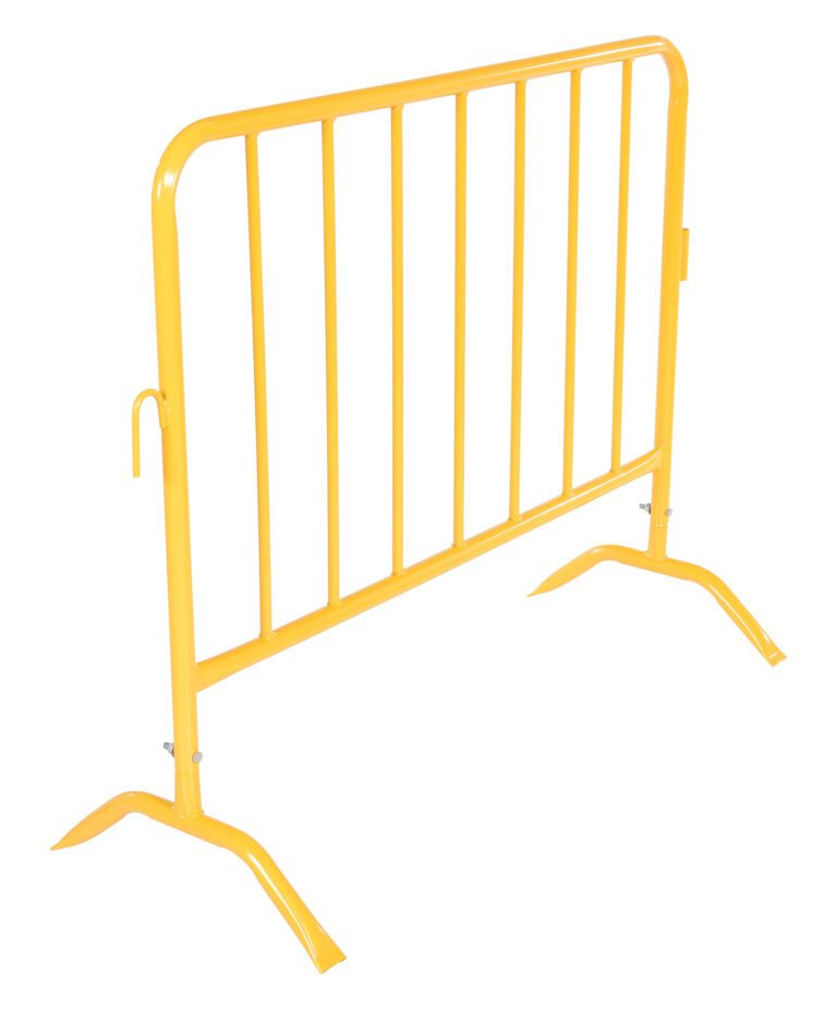 The Vestil Yellow Barrier 48 W/Curved Feet features a stable design with vertical bars and wide, angled supports. Perfect for crowd control at public events or construction sites, it offers a blend of utility and durability in a simple structure.