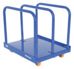 The Vestil Heavy Duty Panel Cart 4K 5X2 Poly (Orange) has orange wheels and three vertical bars for transporting flat items like panels or boards. This blue industrial cart ensures stability and mobility with its robust construction.