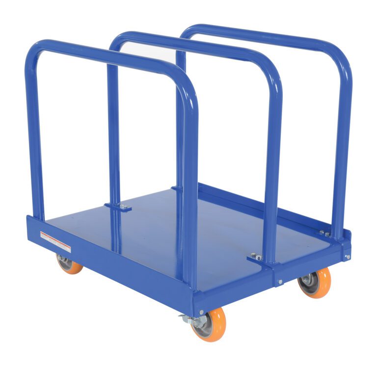 PRCT-HD-C13C_A.jpg The Vestil Heavy Duty Panel Cart 4K 6X2 Poly (Orange) features a sturdy blue steel design with four orange wheels and three vertical handles, easily supporting up to 4K loads.
