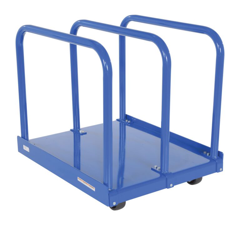 The Vestil Heavy Duty Panel Cart 4K 4X2 Gfn has a blue metal design with four curved handles, a flat base for transporting large sheets or panels, and is equipped with four wheels for excellent mobility in heavy-duty tasks.