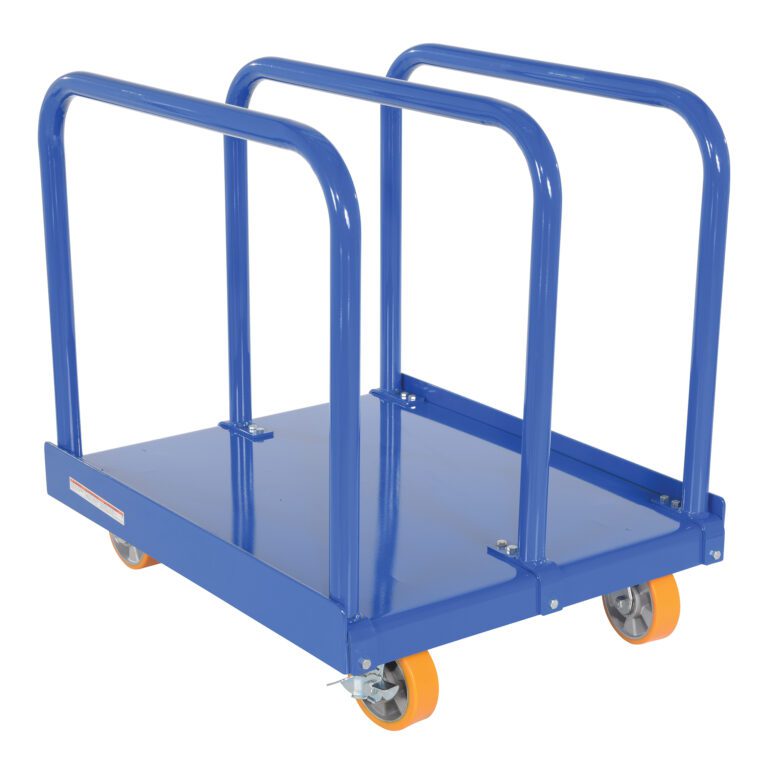 The Vestil Heavy Duty Panel Cart 4K 6X2 Poly (Orange) has two orange front wheels and two gray back wheels. It features three vertical rails, making it perfect for efficiently transporting materials or equipment.