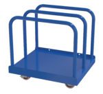 The Vestil Heavy Duty Panel Cart 4K 29.5 x 36 features a blue metal platform, three vertical handles, and four caster wheels, ideal for efficiently transporting flat materials such as boards or panels.