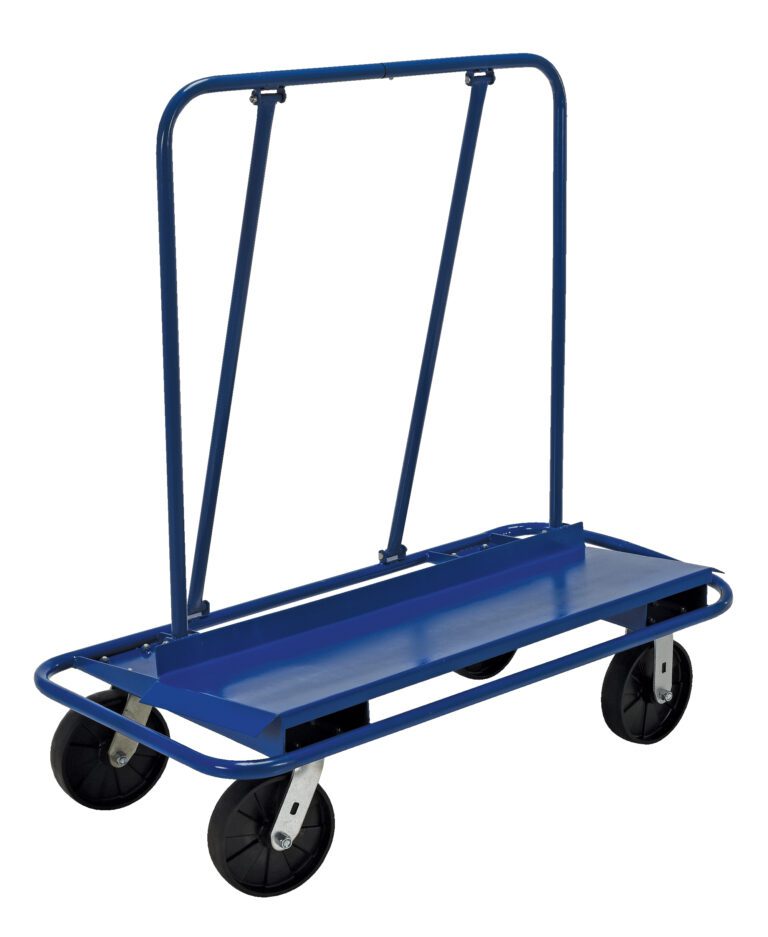 PRCT-S-GN_A.jpg The blue, flat platform trolley resembles the Vestil Drywall/Panel Cart 3K Glass-Filled Nylon, with a tall fixed handle and four black wheels. Its rectangular base is ideal for carrying items, ensuring easy pushing or pulling and durable construction similar to 3K glass-filled nylon.