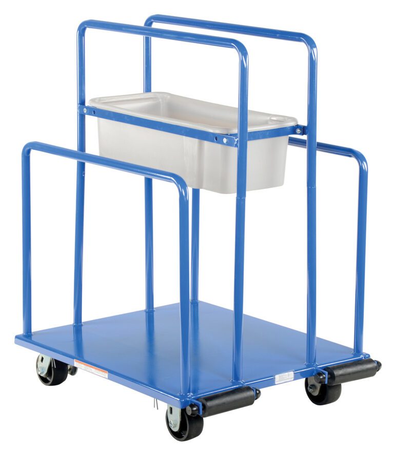 PRCT_A.jpg The Vestil Panel Cart 2000 Lb Capacity 30 X 26 boasts a sturdy blue metal frame and four casters, supporting a gray plastic bin. Designed for efficiency with multiple vertical bars and a flat base, it easily handles heavy loads with its 2000 lb capacity and dimensions of 30 x 26 inches.