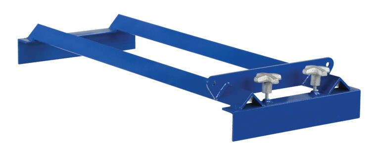 The Vestil Pallet Rack Drum Cradle is a blue metal bracket with two long parallel bars and a flat base, featuring two bolt fasteners for secure support, ideal for structural and mounting applications.