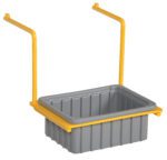 The gray plastic rectangular bin, similar to a Vestil Pallet Drum Cradle Option - Drip Pan, is suspended by two yellow metal rods, creating an efficient hanging storage solution with raised edges for functionality.