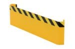 A Vestil Pallet Rack End Guard, featuring a yellow design with black diagonal stripes along the top edge for safety, set against a white background.