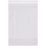 A transparent, resealable MH-USA 9 x 4 x 12 - 2 Mil Gusseted Poly Bag lies flat on a white background, featuring a white seal for closure. Imported and ready for versatile and durable use, this bag remains empty yet primed for countless applications.