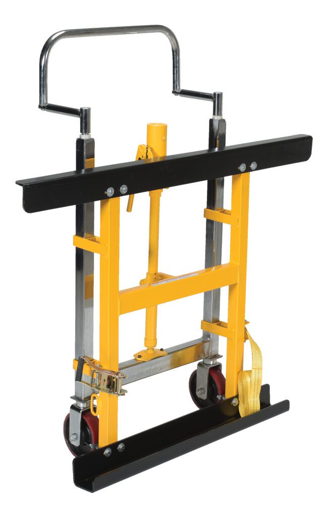 The Vestil Pallet Rack Lifting Dolly sports a yellow and black design, two red wheels, and a durable metal handle. It includes a yellow strap and is designed for safely moving heavy items on stairs.