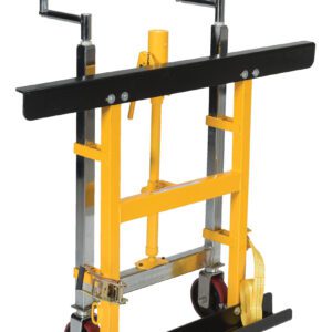 The Vestil Pallet Rack Lifting Dolly sports a yellow and black design, two red wheels, and a durable metal handle. It includes a yellow strap and is designed for safely moving heavy items on stairs.