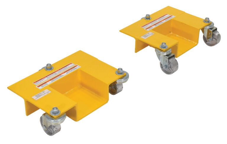 Two yellow Vestil Pallet Rack Lifting Dollies feature steel platforms, rectangular recessed centers, and swivel caster wheels on opposite corners for easy maneuverability. Ideal for heavy-duty moving.