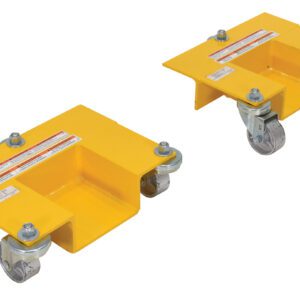 Two yellow Vestil Pallet Rack Lifting Dollies feature steel platforms, rectangular recessed centers, and swivel caster wheels on opposite corners for easy maneuverability. Ideal for heavy-duty moving.