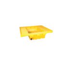 The Vestil Pallet Rack-Containment Sump W/Drain is yellow and square with raised edges and a small circular outlet, designed to prevent spills and leaks.