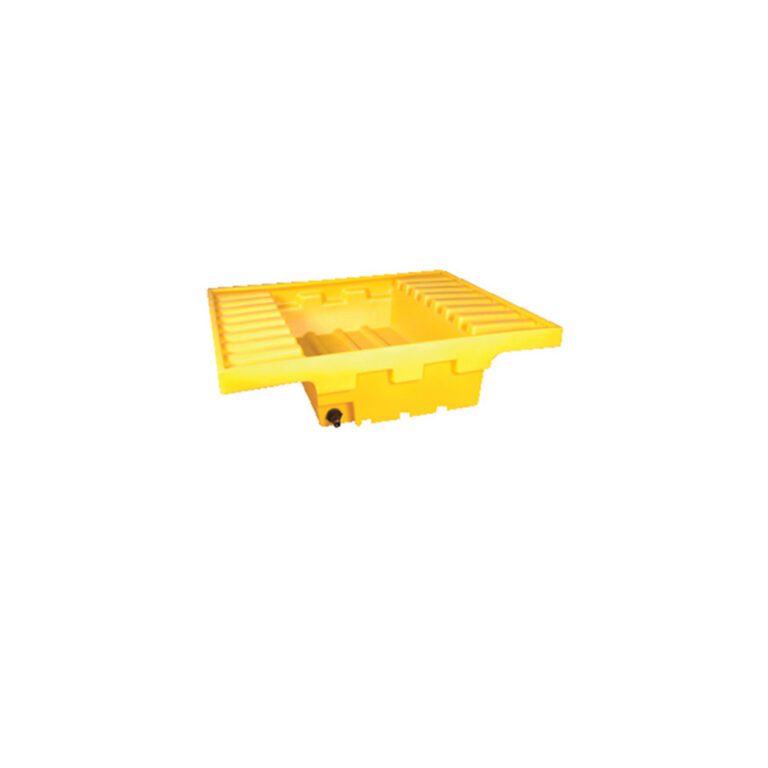The Vestil Pallet Rack-Containment Sump W/Drain is yellow and square with raised edges and a small circular outlet, designed to prevent spills and leaks.