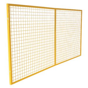 The image depicts a Vestil Pallet Rack Back Guard 108 x 48.5, with a large yellow metal mesh panel featuring small square openings in a grid pattern, set against a plain white background.