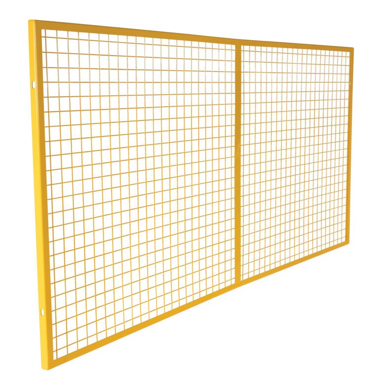PRSN-108-4_A.jpg The image depicts a Vestil Pallet Rack Back Guard 108 x 48.5, with a large yellow metal mesh panel featuring small square openings in a grid pattern, set against a plain white background.