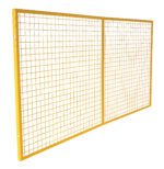 The Vestil Pallet Rack Back Guard 120 X 48.5 is a yellow metal mesh panel with a rectangular frame and grid pattern, featuring small square openings. Its shown angled against a white background, perfect for secure organization.