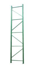The Vestil Pallet Racking - Frame 19,380 168 X 42 is a tall, green metal shelving unit with horizontal and diagonal supports, ideal for warehouse storage.