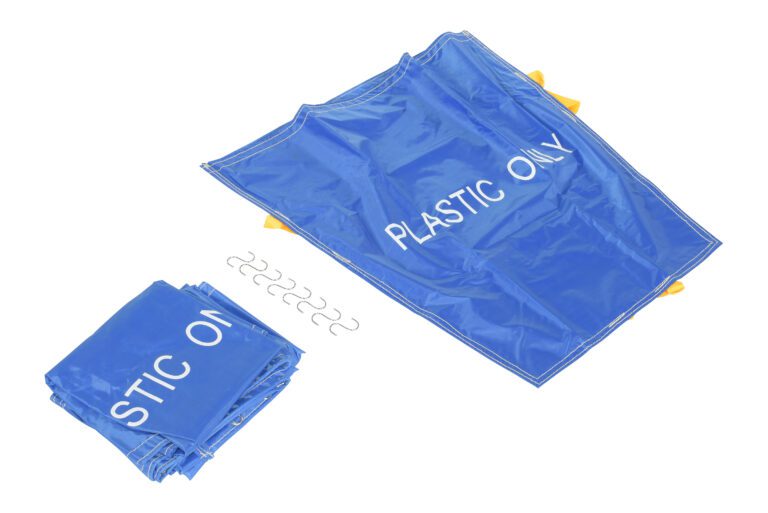 PRTD-TB-BU-CWL-5PK_A.jpg Two Vestil Blue Pallet Rack Trash Bags from the White Letter5Pk set labeled PLASTIC ONLY are laid out. One bag is folded neatly, and the other is spread out with visible yellow loops. Four S-shaped hooks rest between them on a white background.