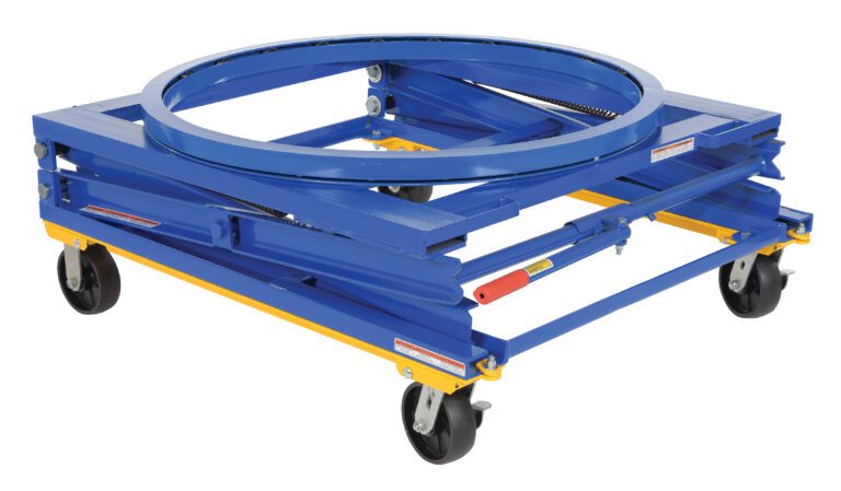 PS-4045-CA-CK_A.jpg A blue and yellow industrial dolly, the Vestil Adjustable Pallet Stand Carousel Caster, has a metal ring on top and four swiveling caster wheels, featuring a sturdy metal bar framework to support heavy loads effortlessly.