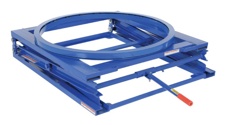 PS-4045-CA_A.jpg The Vestil Adjustable Pallet Stand W/ Carousel 4K is a blue industrial turntable with a circular platform and rectangular base for rotating heavy objects, featuring a visible side handle with a red grip for seamless manual operation.