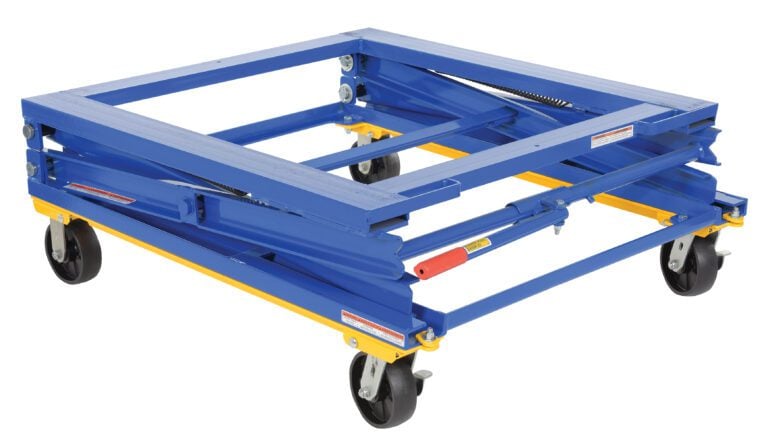 The Vestil Adjustable Pallet Stand, capable of holding 1500 lbs, features a blue and yellow scissor lift design with four black casters for efficient heavy item lifting and moving.