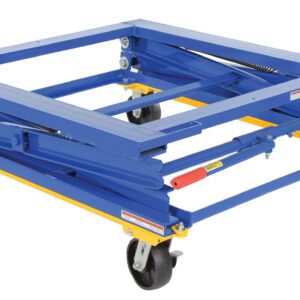 The Vestil Adjustable Pallet Stand, capable of holding 1500 lbs, features a blue and yellow scissor lift design with four black casters for efficient heavy item lifting and moving.