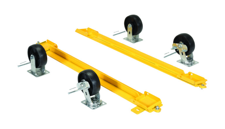 The Vestil Pallet Stand Caster Kit includes two yellow metal dolly skates with black rubber swivel casters. Each has two wheels, a sturdy metal base with safety pins, and they are aligned parallel against a white background, highlighting their function and industrial style.