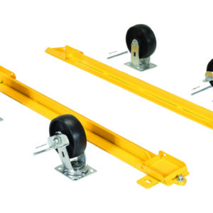 The Vestil Pallet Stand Caster Kit includes two yellow metal dolly skates with black rubber swivel casters. Each has two wheels, a sturdy metal base with safety pins, and they are aligned parallel against a white background, highlighting their function and industrial style.