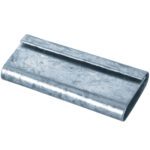 The MH-USA 1/2 closed thread on metal poly strapping seal (1000/case) is a metallic, rectangular crimping sleeve with a light gray surface, seam along its length, and slightly reflective finish for securing wire or cable ends stylishly and durably.