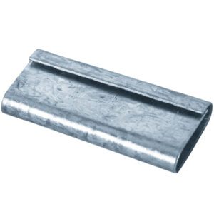 The MH-USA 1/2 closed thread on metal poly strapping seal (1000/case) is a metallic, rectangular crimping sleeve with a light gray surface, seam along its length, and slightly reflective finish for securing wire or cable ends stylishly and durably.