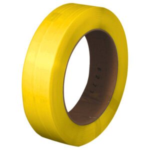 The MH-USA 1/2 x .022 x 7200 yellow polypropylene strapping with a 16 x 6 core is embossed and perfect for sealing or packaging, providing a glossy finish and smooth texture for durable and efficient use.