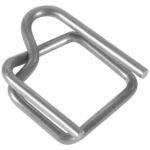 This silver metal buckle is ideal for securing straps, featuring a rectangular shape with two parallel loops. Its clean, smooth finish pairs perfectly with the MH-USA 1/2 Wire Poly Strapping Buckles (1000/Case).