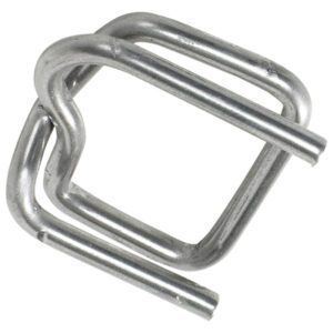 The MH-USA 1/2 Heavy-Duty Wire Poly Strapping Buckles feature two rectangular loops and a simple, utilitarian silver design, ideal for efficiently securing heavy loads. Available in a 1000-piece case.