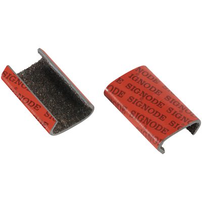 PS12SAND.jpg Two red 1/2 Signode® Sandpaper Seals with SIGNODE printed in black. One is upright, the other flipped, showing its textured interior. Sold in cases of 1000, these seals ensure secure and reliable strapping for packaging needs.