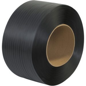 A large coil of MH-USA 1/2 x 9000 machine-grade polypropylene strapping with an embossed surface, featuring an 8 x 8 cardboard core and layers of tightly wound tape, set against a plain white background.
