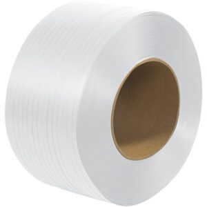 The MH-USA 1/2 x 9900 embossed strapping is neatly wound around an 8 x 8 core, featuring a sturdy cardboard base. This machine-grade polypropylene tape ensures durability and efficiency for all packaging needs.