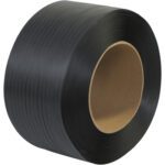 A large roll of MH-USA 1/2 x 6600 - 9 x 8 Core Machine Grade Polypropylene Strapping is shown on a white background. The tightly wound embossed black strapping around a cardboard core displays visible textured lines.