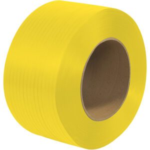 A roll of bright yellow packing tape with a cardboard core stands upright, similar to the MH-USA 1/4 x 20000 - 9 x 8 Core Machine Grade Polypropylene Strapping, featuring embossed horizontal lines.