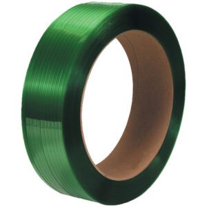 The MH-USA 1/2 x 2900 polyester strapping, with a 16 x 3 core, features a smooth and glossy surface wrapped in deep translucent green, revealing horizontal texture lines.