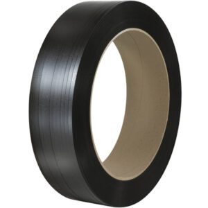 The MH-USA 1/2 x 3250 black polyester strapping tape, with a smooth finish and a 16 x 3 core, is vertically wound around sturdy cardboard against a white background.