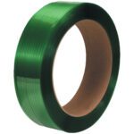 A roll of MH-USA 5/8 x 2200 translucent green polyester strapping, with a sturdy cardboard core, gloss finish, and fine horizontal lines.